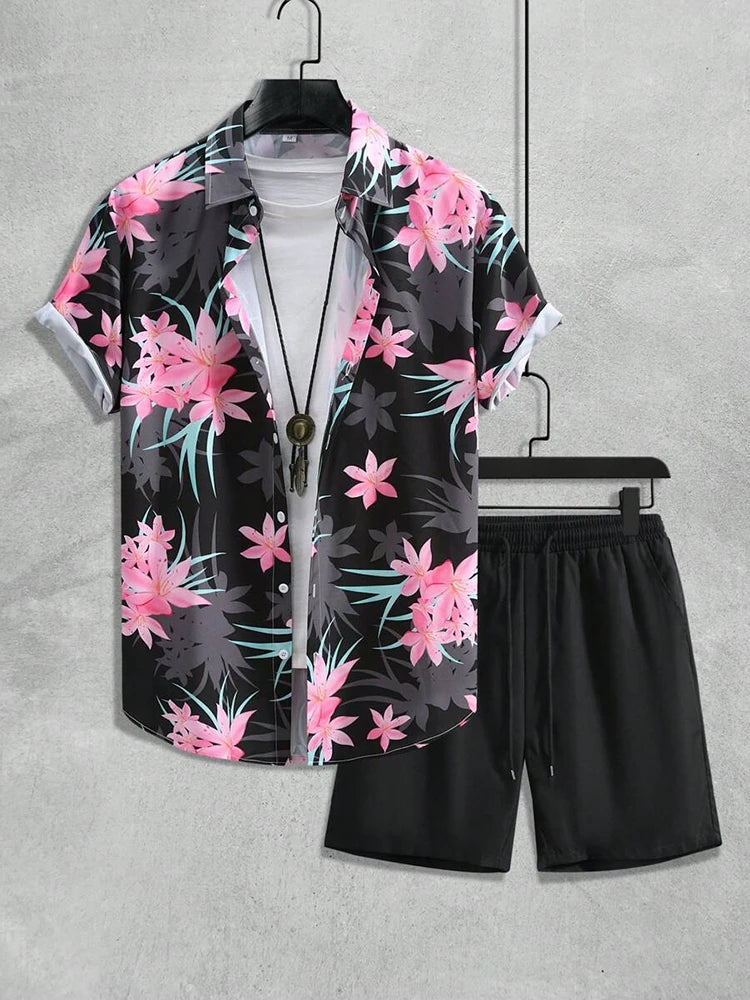 Hawaiian Coconut Tree Print Men's Shirt Summer Short Sleeve Tops Beach Shorts 2 Piece Sets Casual Vacation Style Outfit Clothing