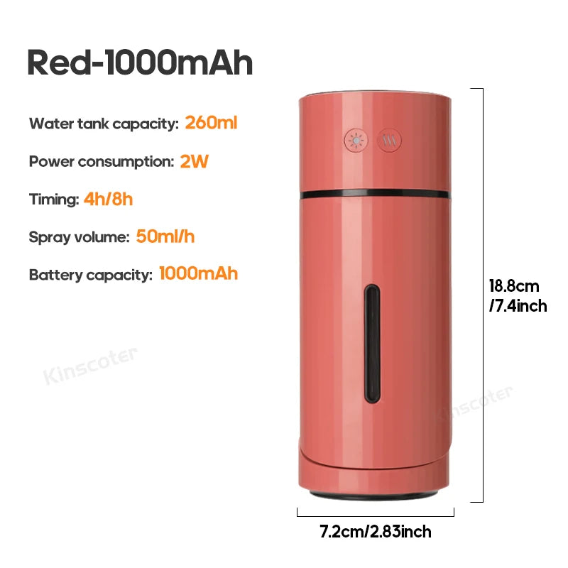 260ML Wireless Air Humidifier USB Aromatherapy Diffuser 1000mAh Rechargeable Battery Ultrasonic Cool Mist Maker Quiet Fogger