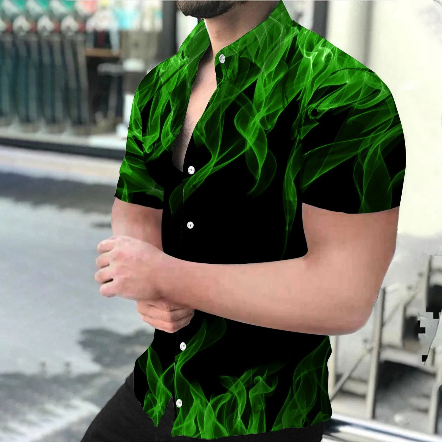 Summer New Men's Shirt Fashion Casual Breathable 3D Printing Flame Loose Long Sleeve Shirt Button Men's Oversized Tops