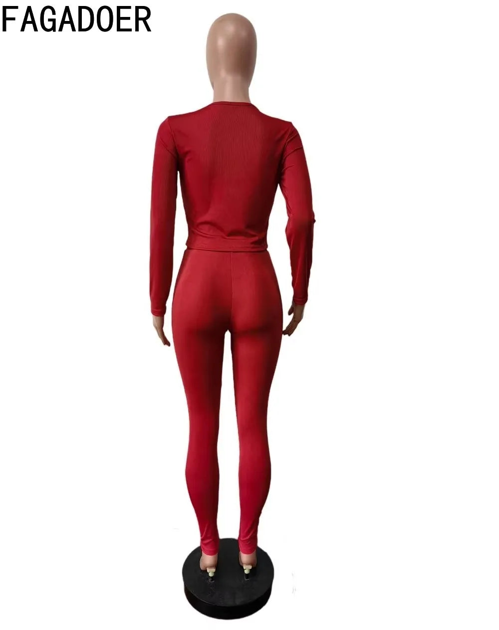 FAGADOER Autumn Winter New Ribbing 2 Piece Sets Women Outfit Solid Long Sleeve Crop Top + High Waist Leggings Suits Sportswear