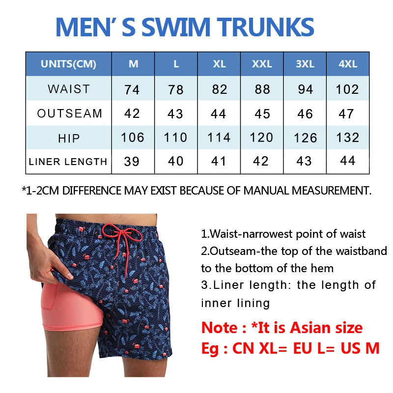 ESCATCH 2025 New Arrival Mens Swimming Trunks Compression Liner 2 in 1 Printing Quick-Dry Gym Sports Mens Shorts Zipper Pockets