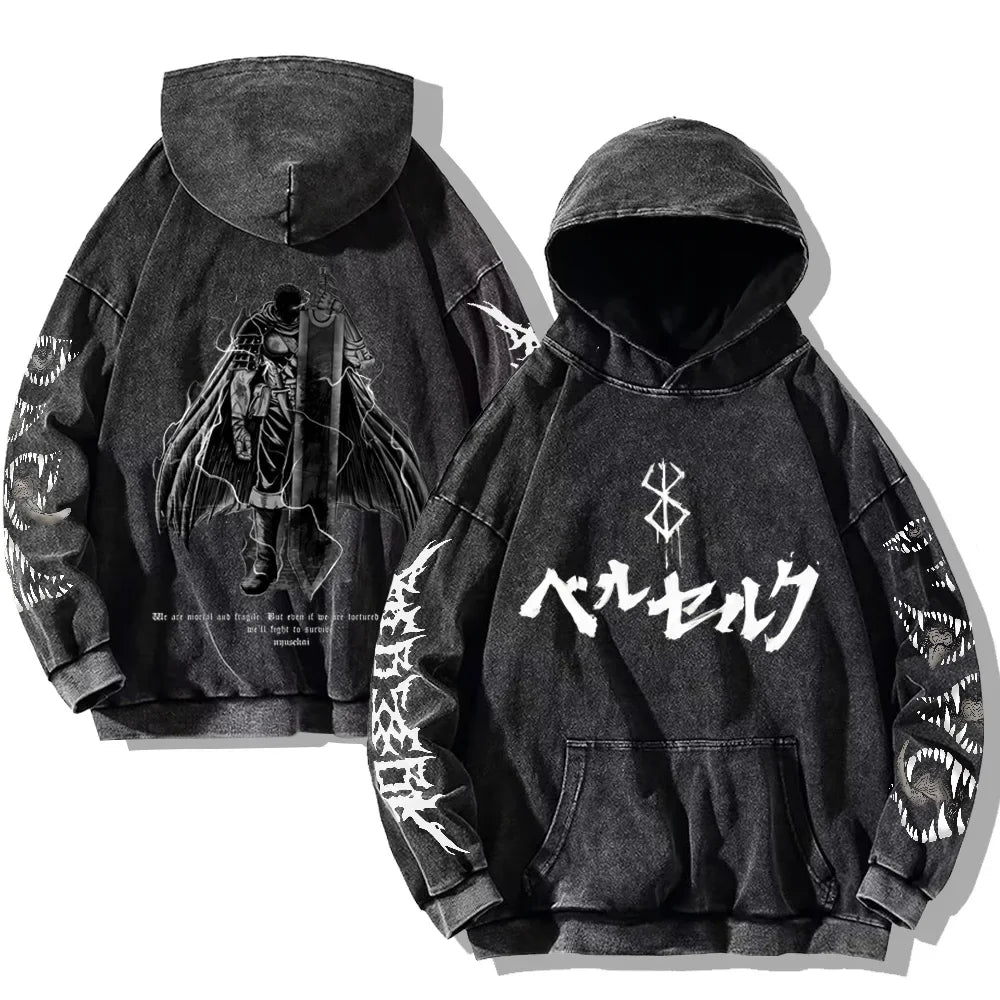 Autumn Men's Hoodies Gothic Print Vintage Washed Hoodie Hip Hop Streetwear Cotton Sweatshirts Harajuku Casual Pullover Y2K Tops