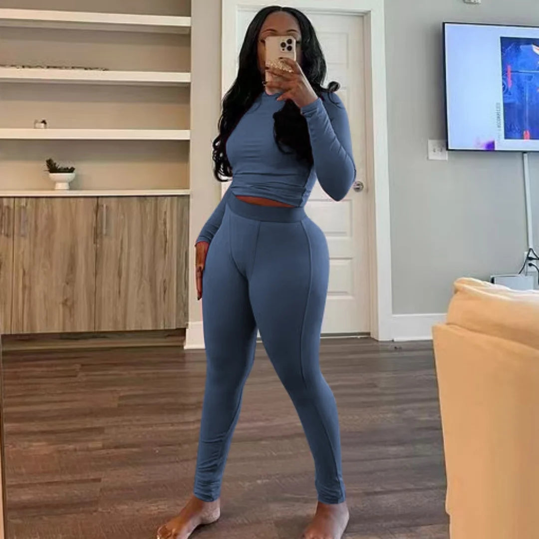 FAGADOER Autumn Winter New Ribbing 2 Piece Sets Women Outfit Solid Long Sleeve Crop Top + High Waist Leggings Suits Sportswear