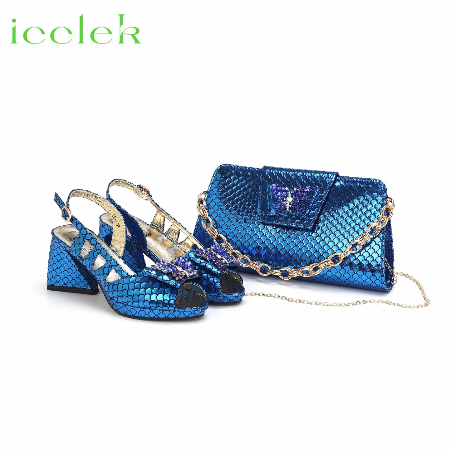 Royal Blue 2024 New Fashionable Summer Hollow Pattern Design Comfortble Heesl Sandal with Bag Set For Wpmen Party