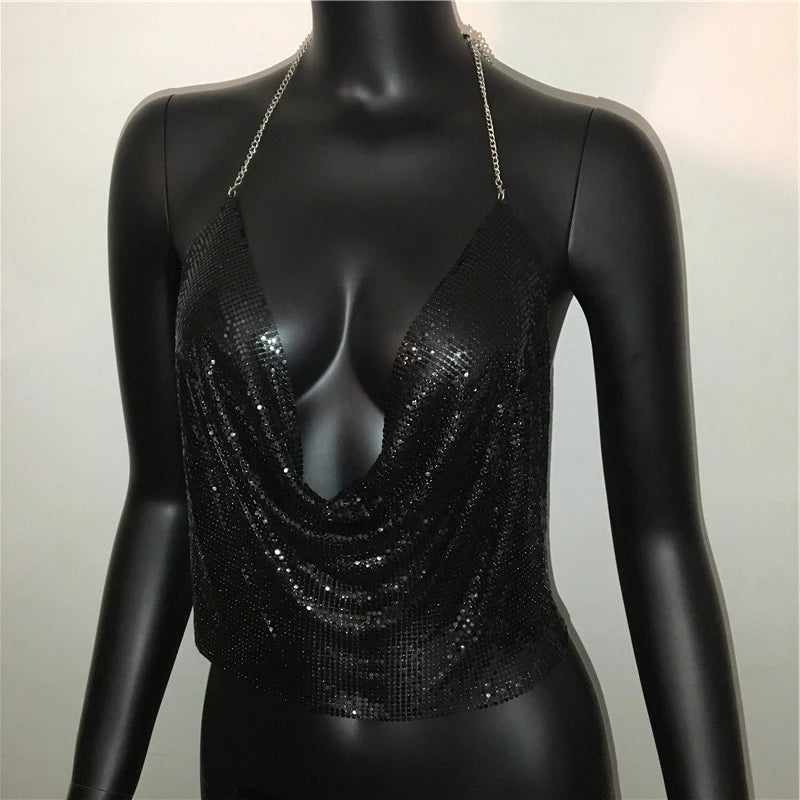 Sexy Metal Sequins Tank Top For Women 2025 Summer V Neck Backless Crop Tops Luxury Solid Short Party Nightclub Tank Tops