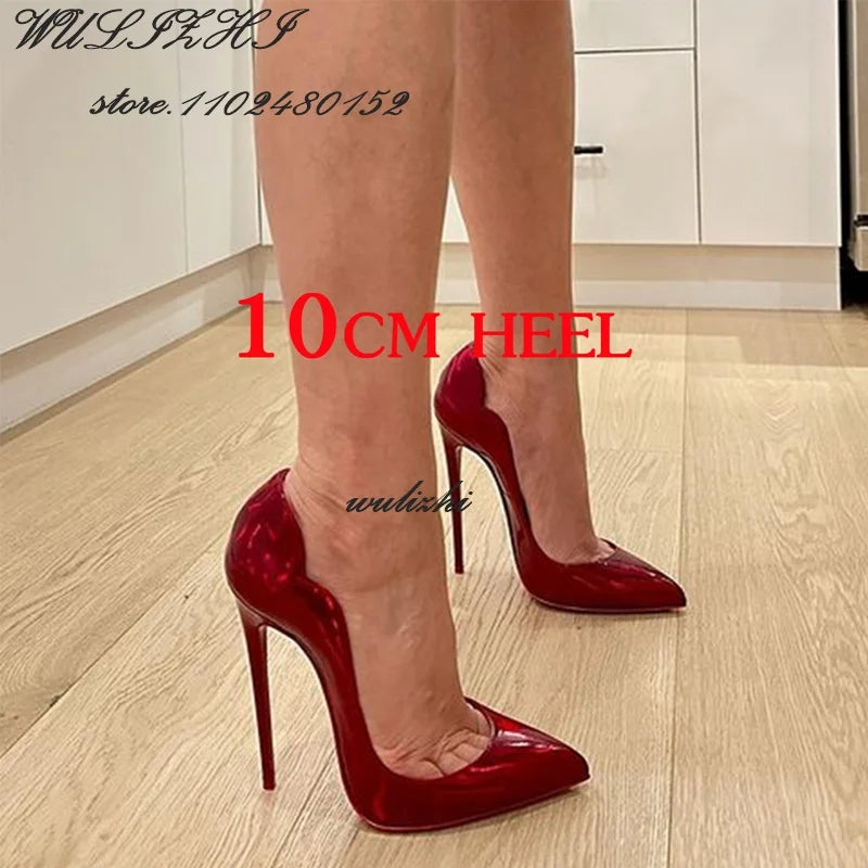 Red Shiny Mirror Sexy Heels Girl Dress Hollow Pointed Toe Sandal Spring Bling Catwalk Metallic Glitter Pump Concise Shallow Shoe