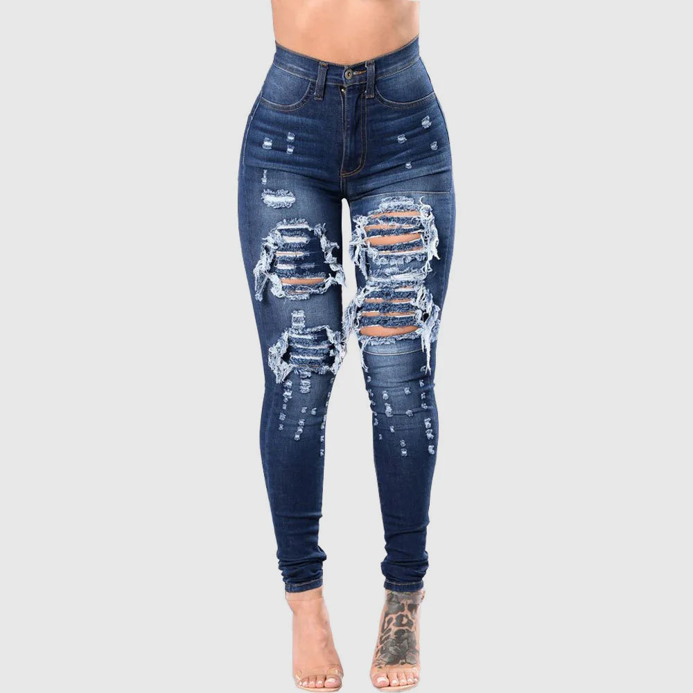 Europe and America Fashion Stretch Washed Ripped Jeans, Women's Spring and Autumn New Slim-fit High-waisted Small Feet Pants