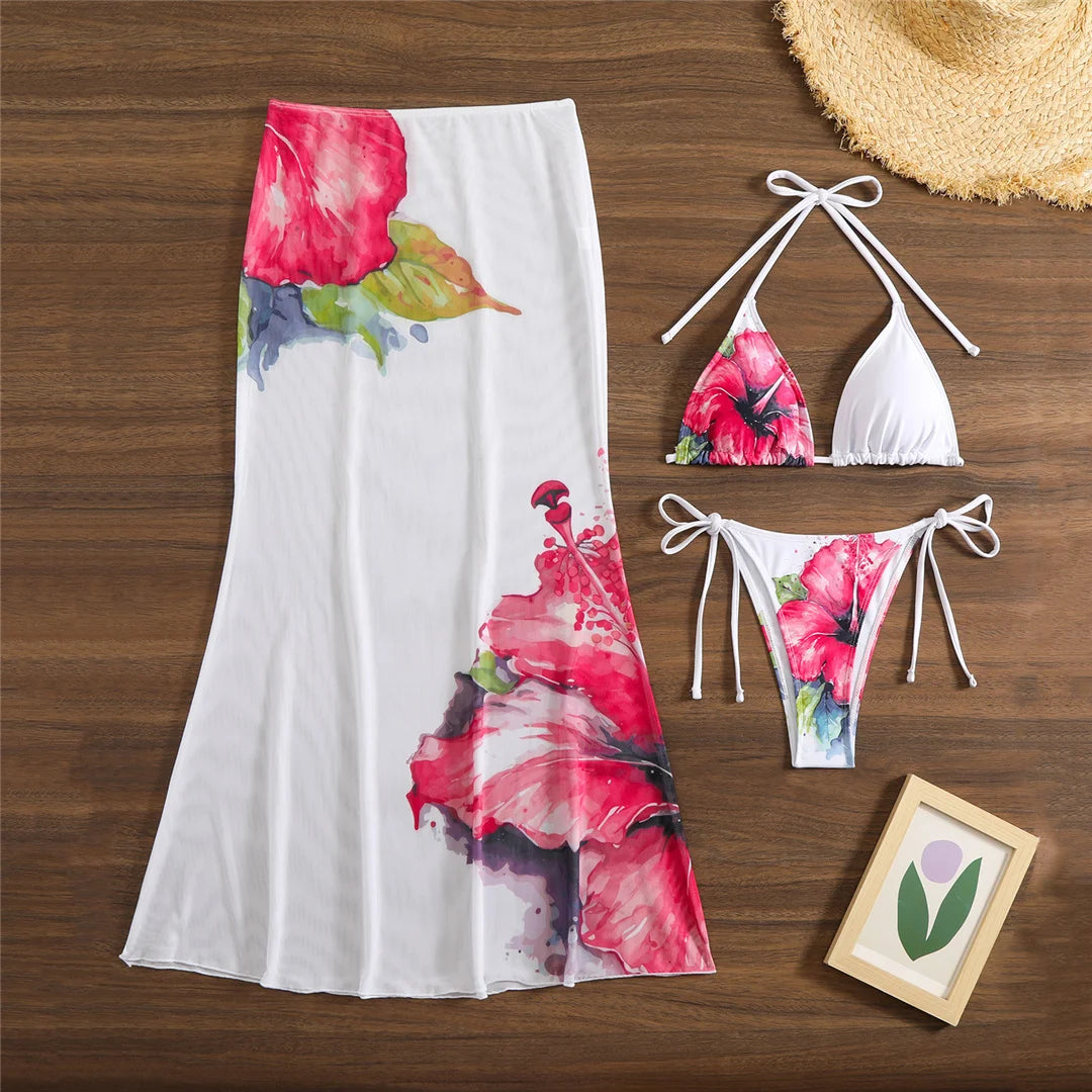 Flowers Printed With Skirt Halter Bikini Women Swimwear Female Swimsuit Three-pieces Bikini set Bather Bathing Suit Swim V6637