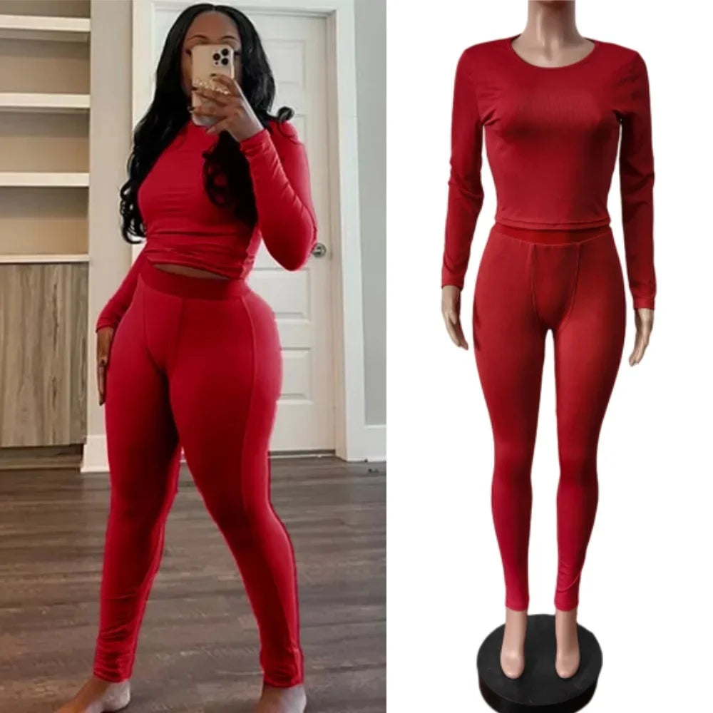 FAGADOER Autumn Winter New Ribbing 2 Piece Sets Women Outfit Solid Long Sleeve Crop Top + High Waist Leggings Suits Sportswear