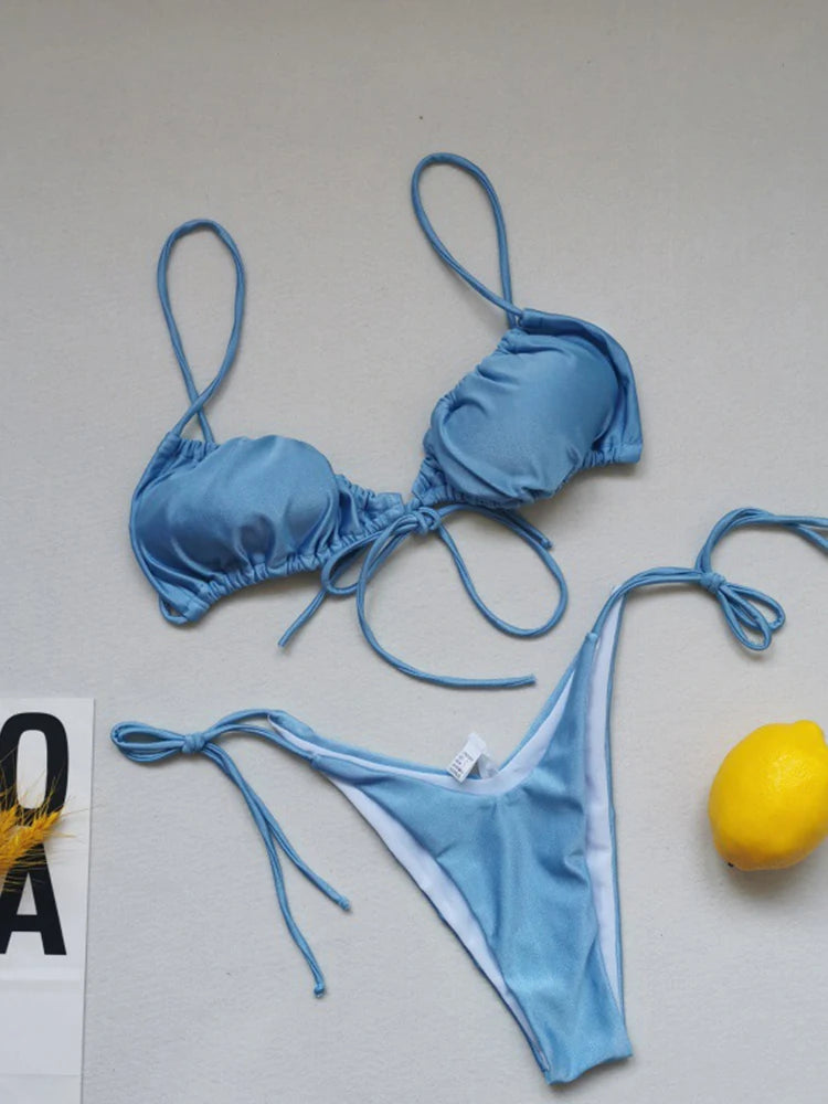 OIINAA Sexy Bikini Set Women Swimsuit Two-Piece Lace Up Pleated Female Swimwear Backless Bathing 2025 Summer Fashion Beachwear