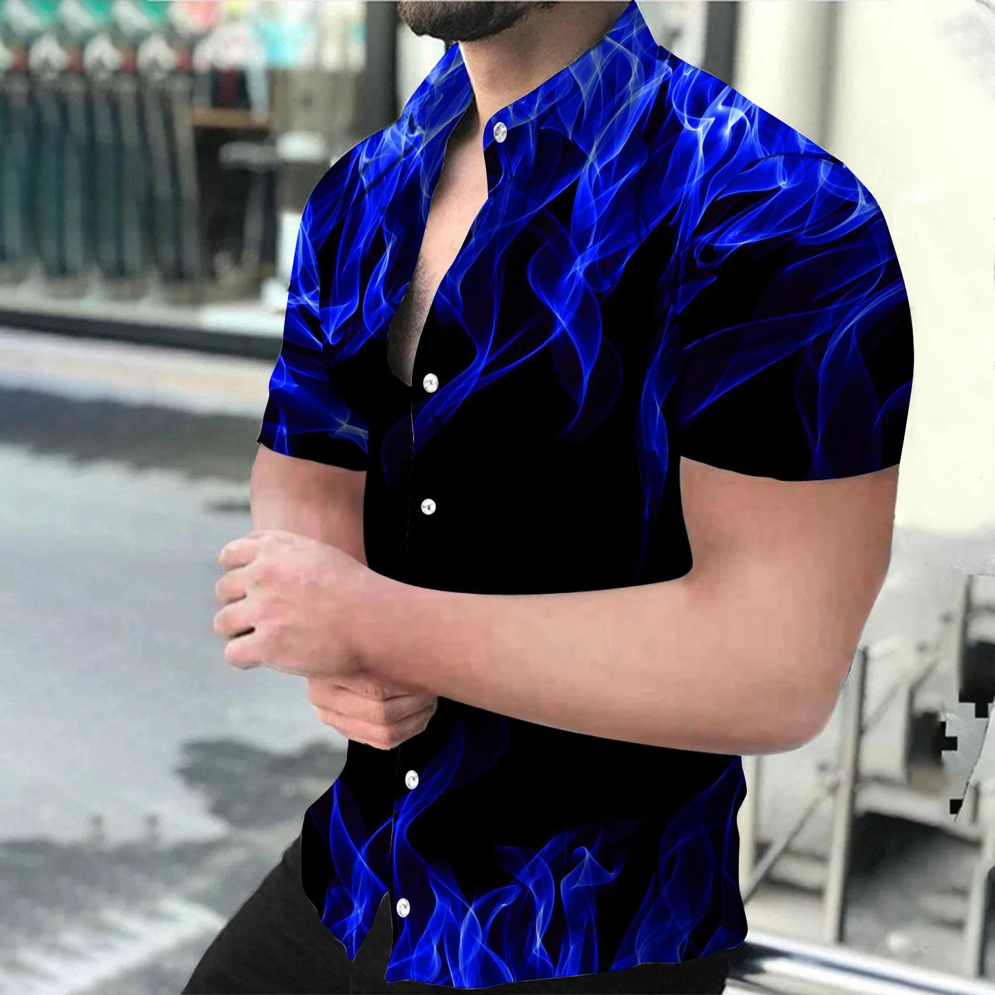 Summer New Men's Shirt Fashion Casual Breathable 3D Printing Flame Loose Long Sleeve Shirt Button Men's Oversized Tops