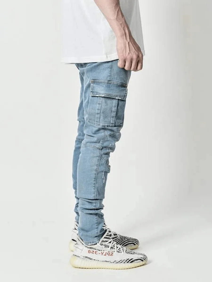 New Jeans Men Pants Wash Solid Color Multi Pockets Denim Mid Waist Cargo Jeans Plus Size Fahsion Casual Trousers Male Daily Wear