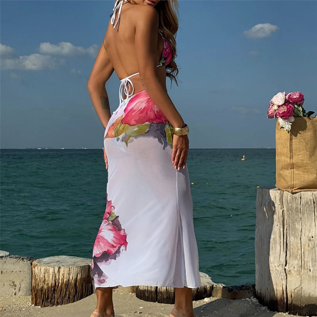 Flowers Printed With Skirt Halter Bikini Women Swimwear Female Swimsuit Three-pieces Bikini set Bather Bathing Suit Swim V6637