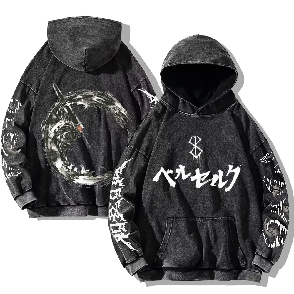 Autumn Men's Hoodies Gothic Print Vintage Washed Hoodie Hip Hop Streetwear Cotton Sweatshirts Harajuku Casual Pullover Y2K Tops