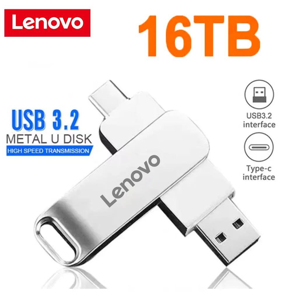 Lenovo 16TB USB 3.0 Flash Drive U Disk Type-C Interface High Speed Transfer 8TB 4TB Large Capacity Metal Pendrive Memoria Stick