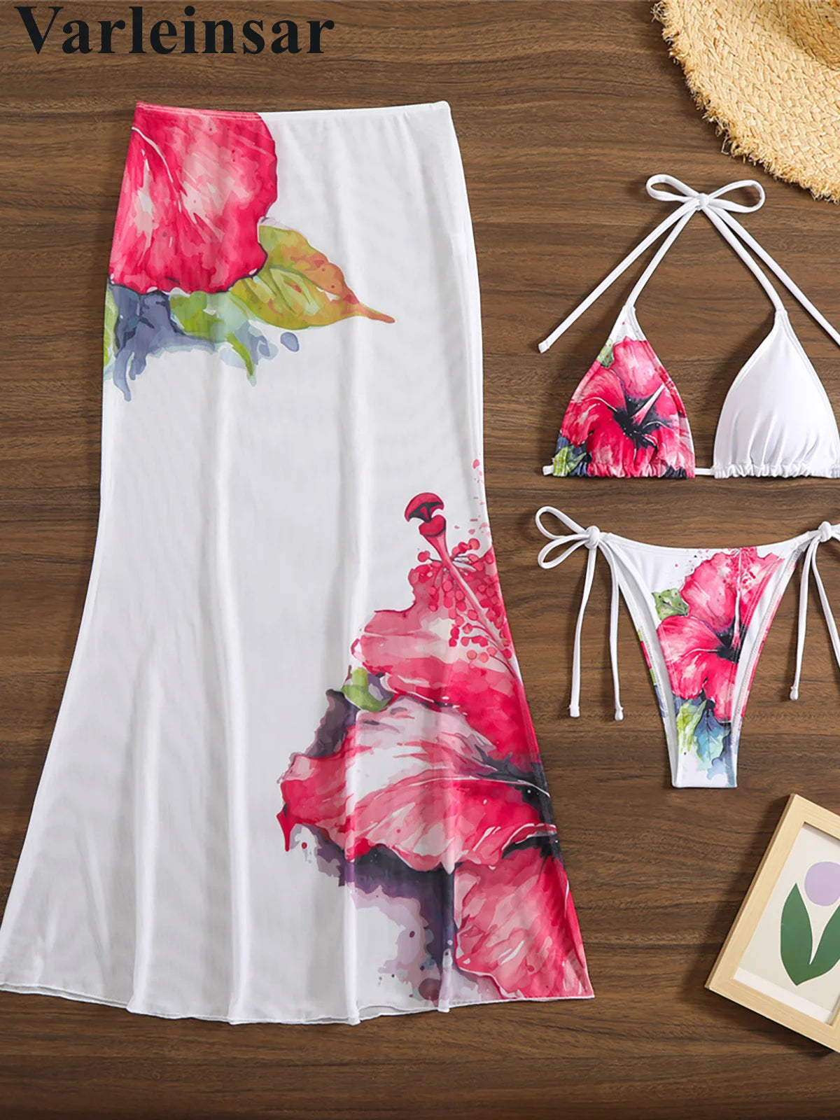 Flowers Printed With Skirt Halter Bikini Women Swimwear Female Swimsuit Three-pieces Bikini set Bather Bathing Suit Swim V6637