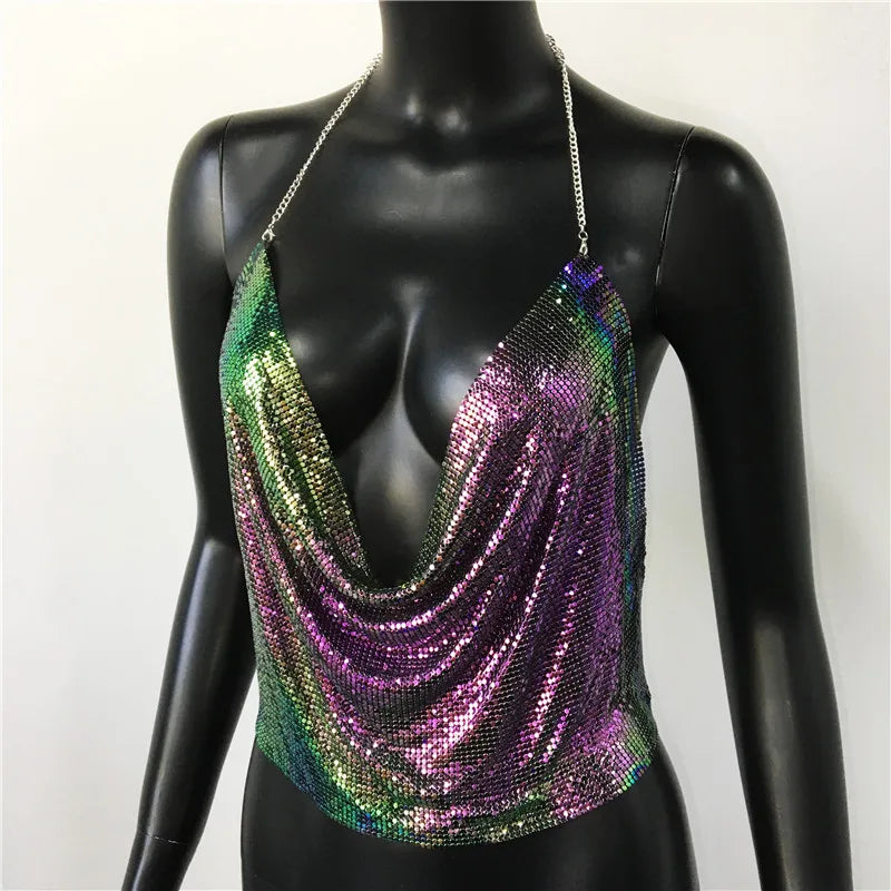 Sexy Metal Sequins Tank Top For Women 2025 Summer V Neck Backless Crop Tops Luxury Solid Short Party Nightclub Tank Tops
