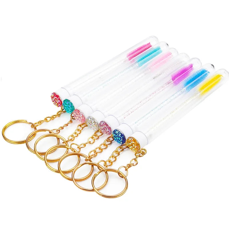 10 Pcs Tube Eyelash Brush With Gold Keychain Glitter Mascara Wand For Women Lash Extension Micro Comb Container Makeup Tools