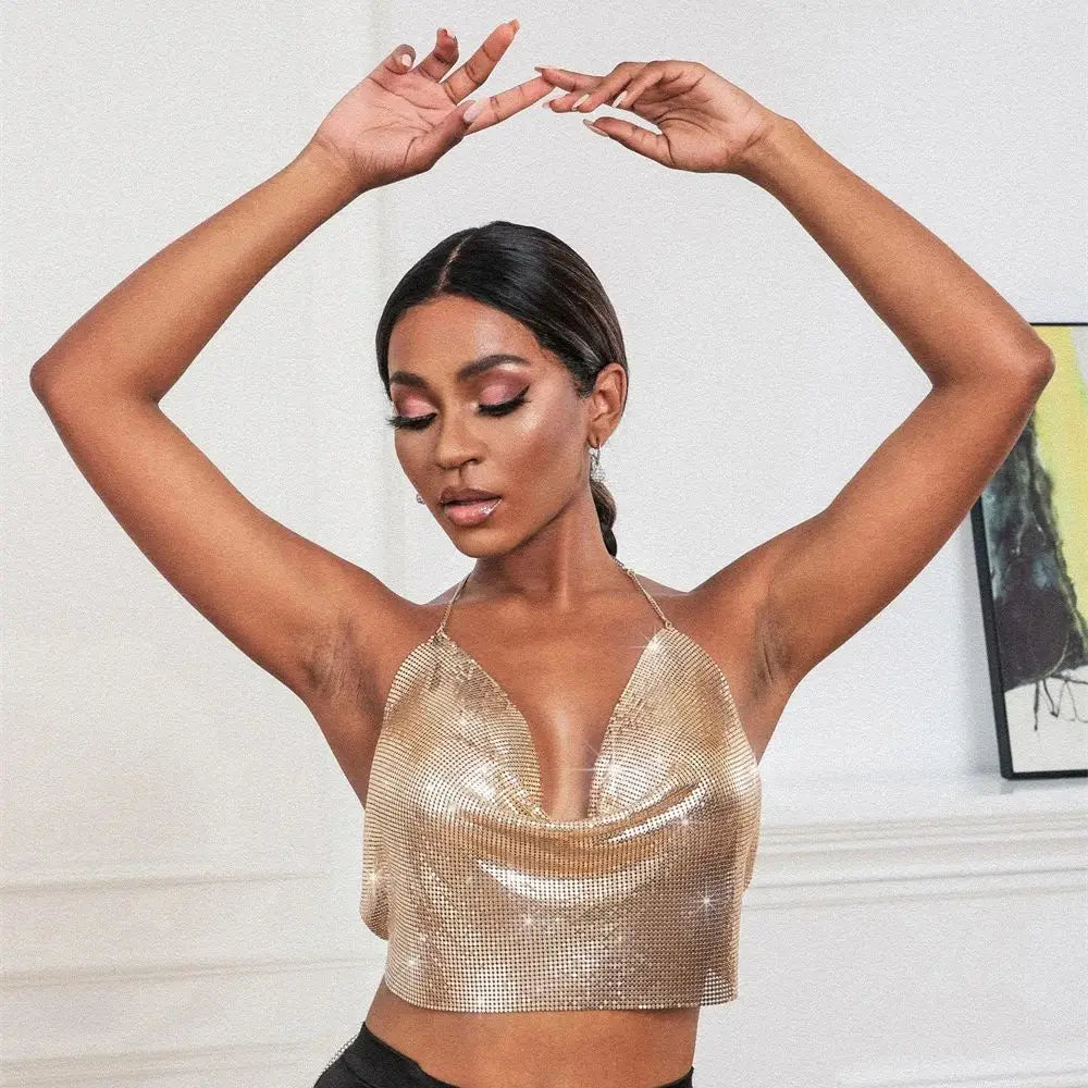 Women's Sexy Metal Sequins Open Back Chain Sling Vest Top Sexy Nightclub Party Tank Tops 