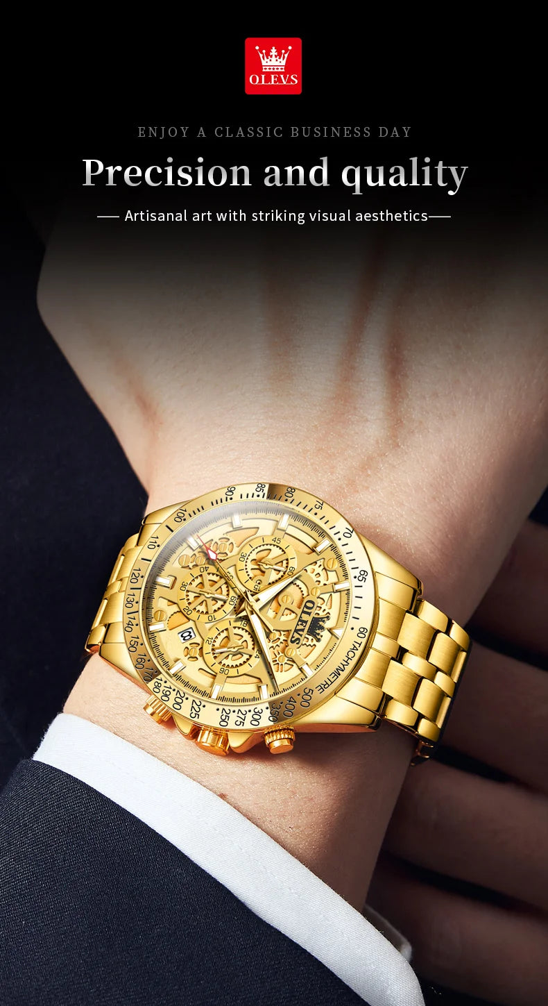 OLEVS Business Gold Men Watches Full Skeleton Stainless steel Chronograph Wristwatch Waterproof Luxury Luminous Quartz Watch Men