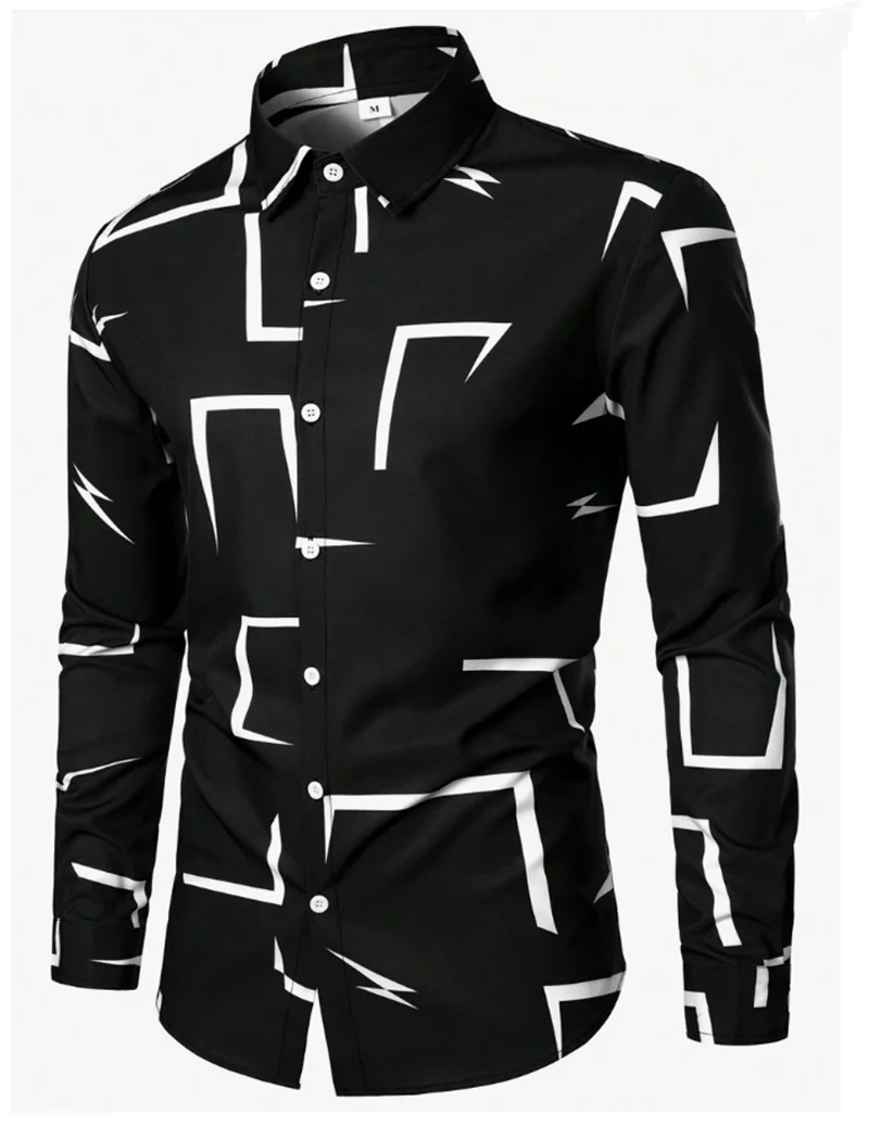 Men's casual versatile fashion street men's shirt lapel single-breasted long-sleeved men's simple geometric long-sleeved shirt