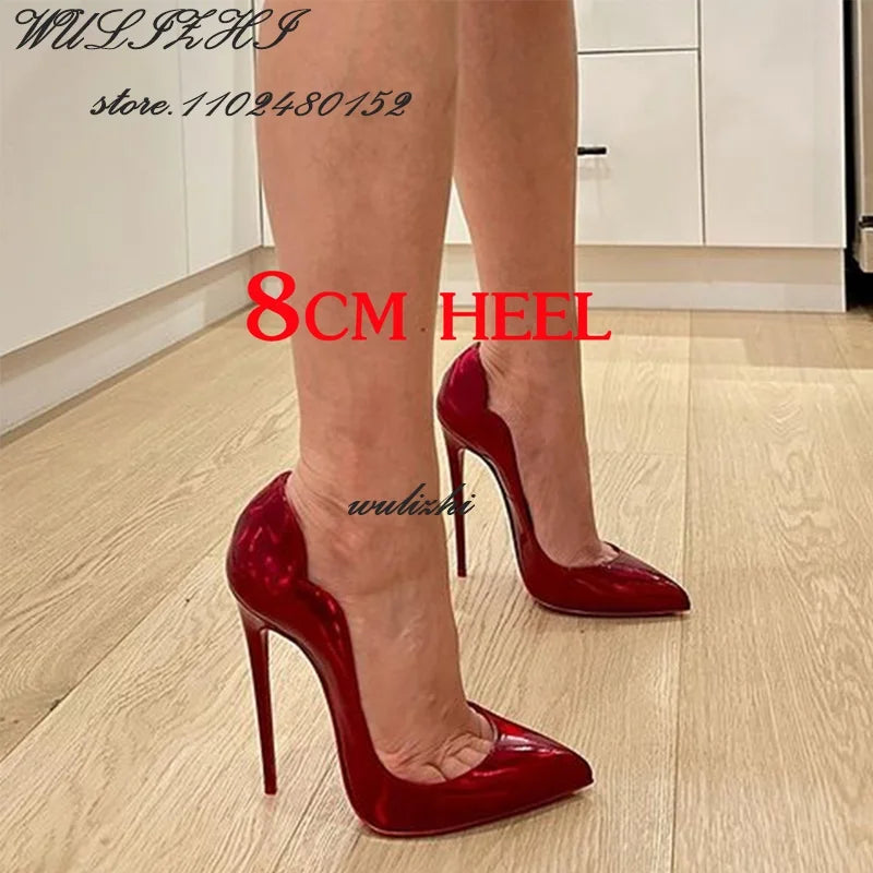 Red Shiny Mirror Sexy Heels Girl Dress Hollow Pointed Toe Sandal Spring Bling Catwalk Metallic Glitter Pump Concise Shallow Shoe