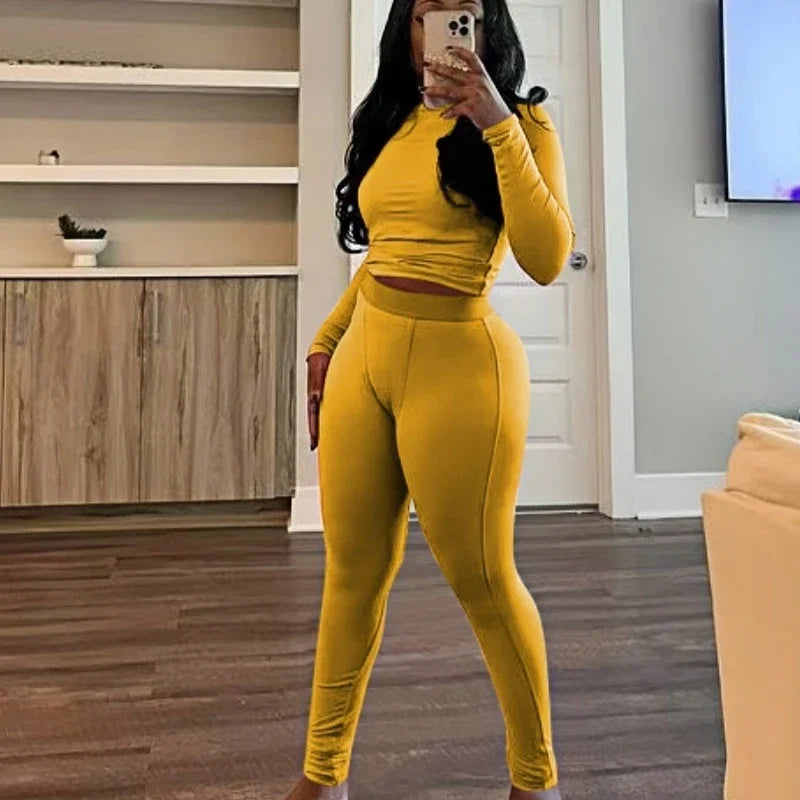 FAGADOER Autumn Winter New Ribbing 2 Piece Sets Women Outfit Solid Long Sleeve Crop Top + High Waist Leggings Suits Sportswear