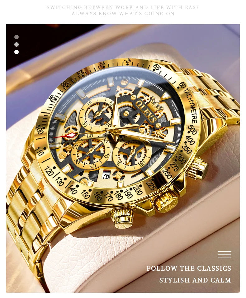 OLEVS Business Gold Men Watches Full Skeleton Stainless steel Chronograph Wristwatch Waterproof Luxury Luminous Quartz Watch Men