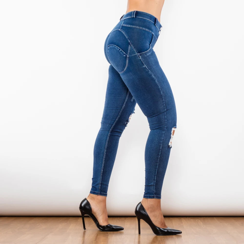 Shascullfites Women's Melody Blue Washed Ripped Jeggings Push-Up Butt Booty Jeans Middle Waist Female Fashion Pants