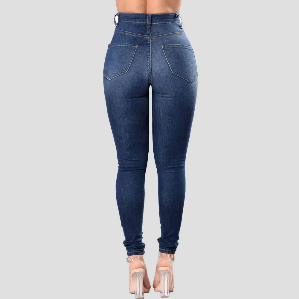 Europe and America Fashion Stretch Washed Ripped Jeans, Women's Spring and Autumn New Slim-fit High-waisted Small Feet Pants