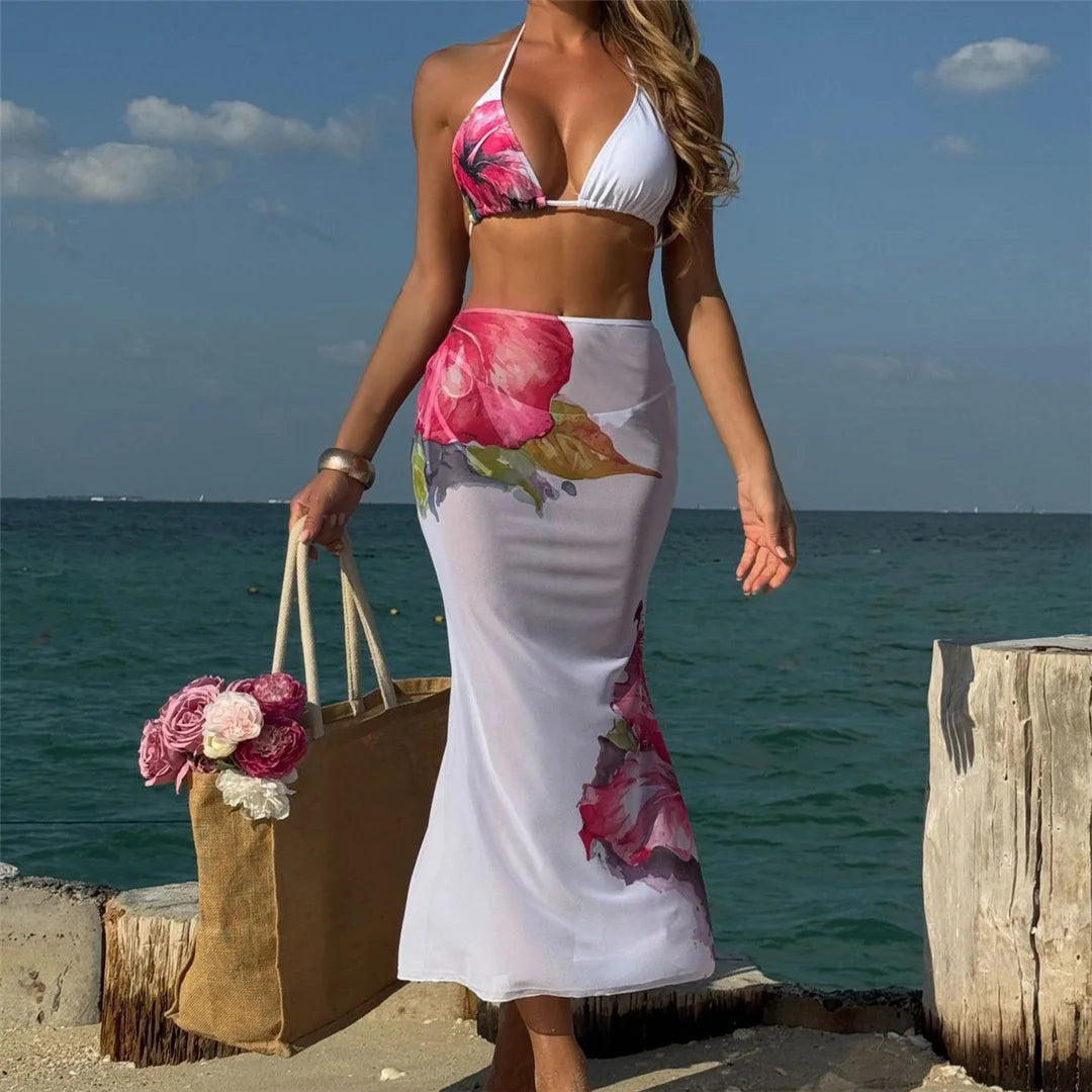 Flowers Printed With Skirt Halter Bikini Women Swimwear Female Swimsuit Three-pieces Bikini set Bather Bathing Suit Swim V6637