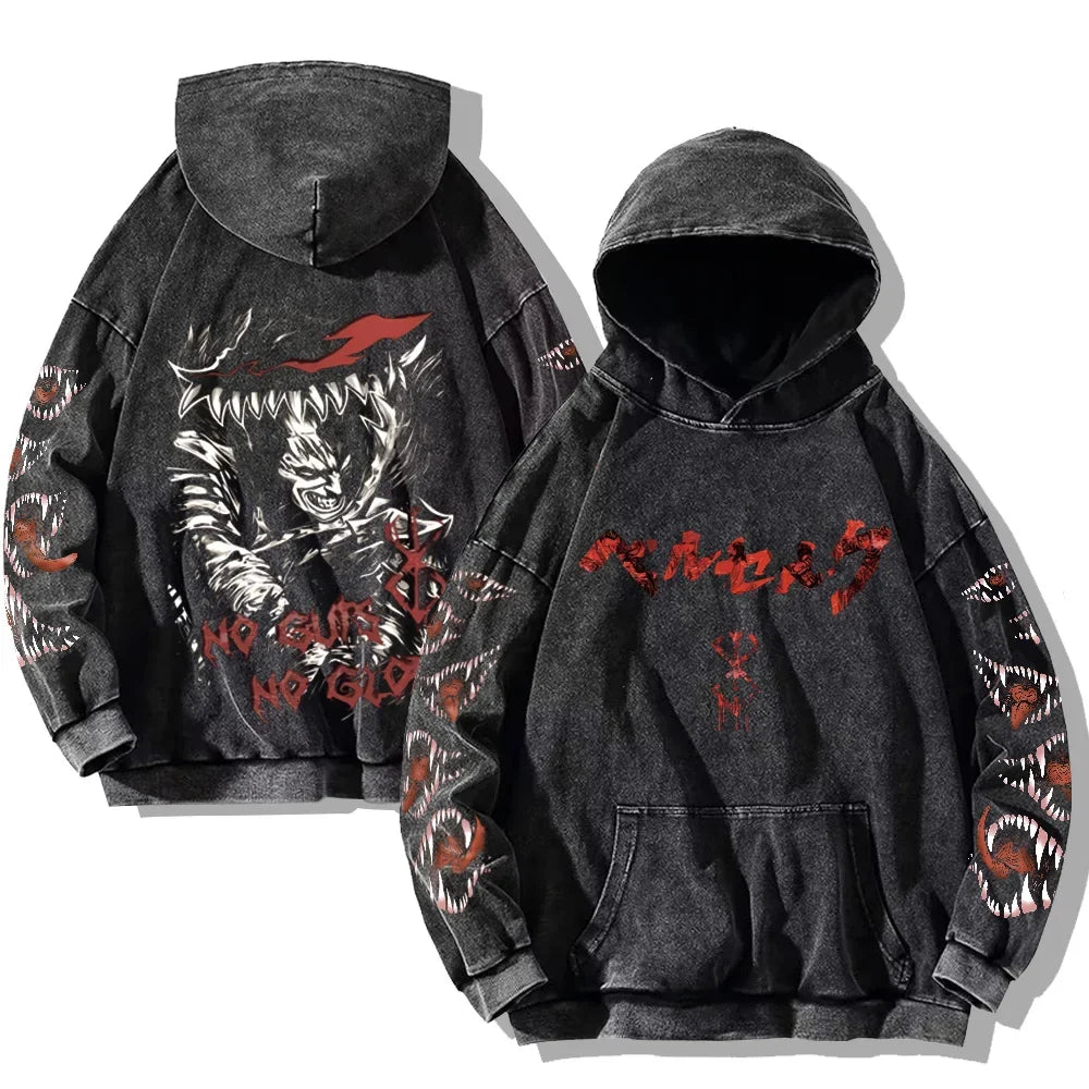 Autumn Men's Hoodies Gothic Print Vintage Washed Hoodie Hip Hop Streetwear Cotton Sweatshirts Harajuku Casual Pullover Y2K Tops