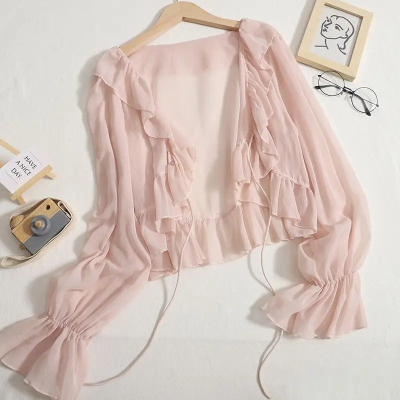 Women Summer Shirts Sweet Long Sleeve Ruffles Flare Sleeve Holiday Solid Sunscreen Tops Tie-Up Cardigans Chiffon Short Shirts
