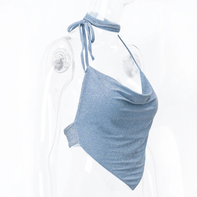 Xeemilo Y2K Shinny Backless Tank Top Sexy Deep V-neck Bandage Halter Crop Tops Aesthetic Irregular Shape Skinny Slim Women Camis