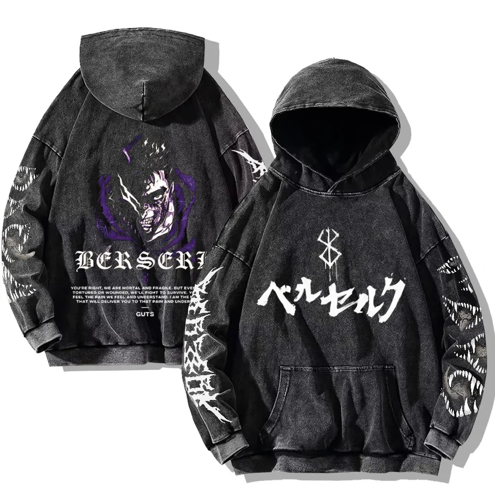 Autumn Men's Hoodies Gothic Print Vintage Washed Hoodie Hip Hop Streetwear Cotton Sweatshirts Harajuku Casual Pullover Y2K Tops