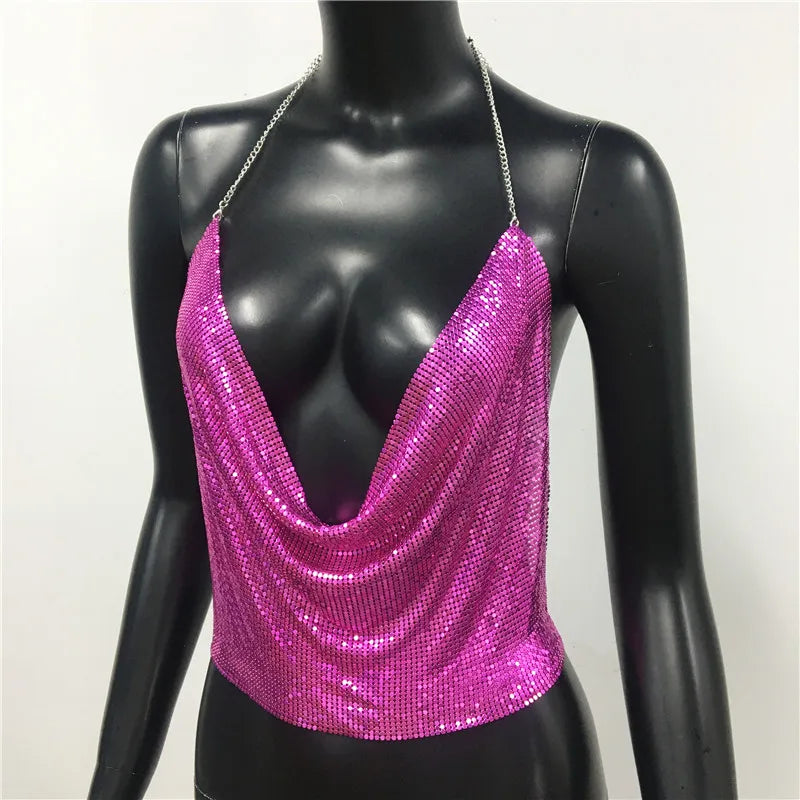 Sexy Metal Sequins Tank Top For Women 2025 Summer V Neck Backless Crop Tops Luxury Solid Short Party Nightclub Tank Tops