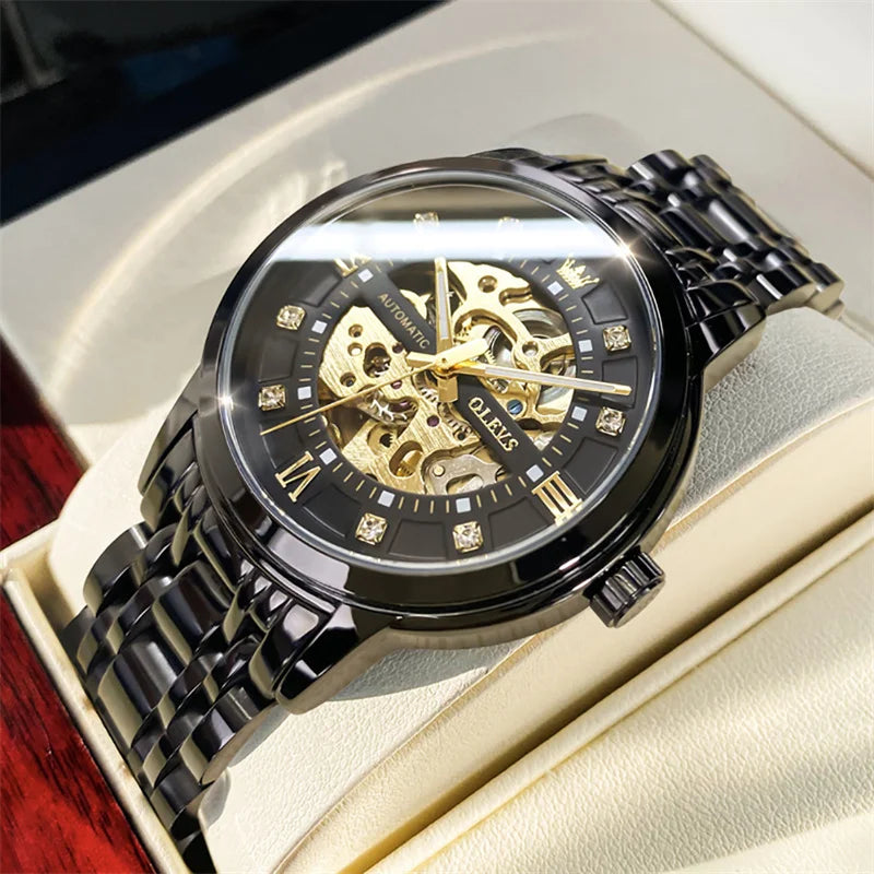 OLEVS Skeleton Watch Men Waterproof Luminous Casual Automatic Mechanical Watche Sports Men Black Steel Wristwatch Reloj Hombre