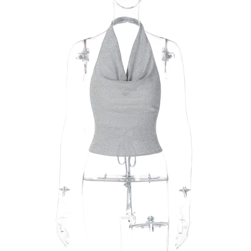 Autumn Women Bling Glitter Sequins Sexy Y2K Clothes Lace Up Sleeveless Backless Halter Crop Top Korean Fashion Vintage