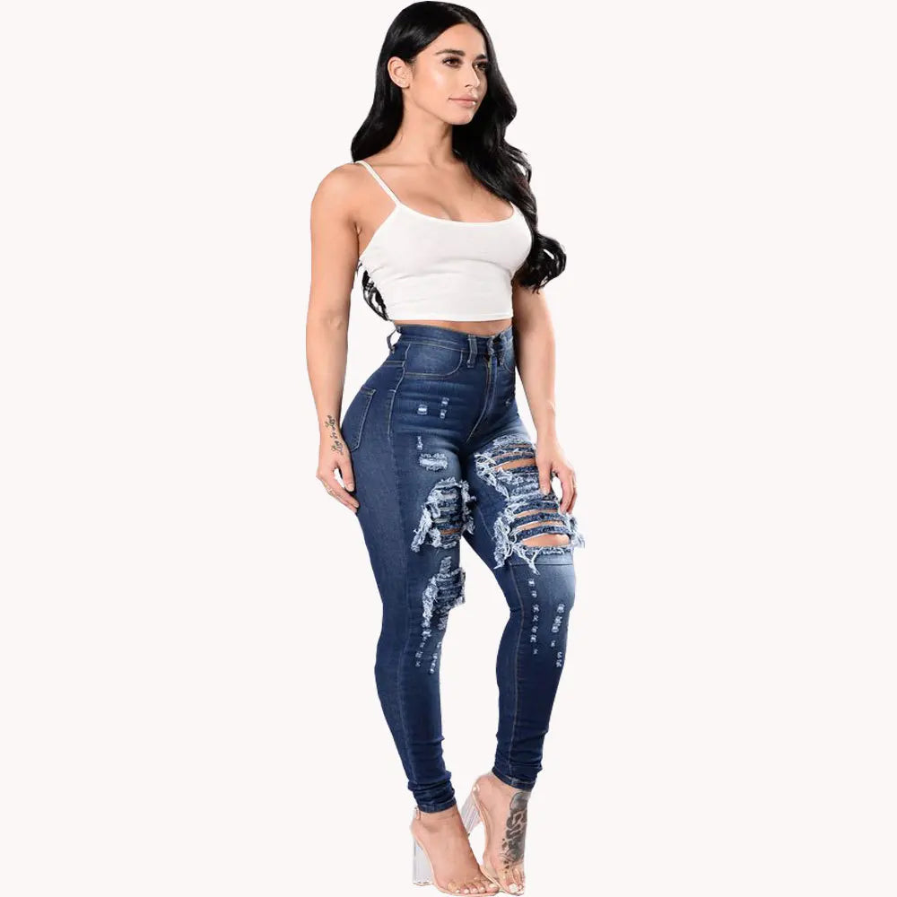 Europe and America Fashion Stretch Washed Ripped Jeans, Women's Spring and Autumn New Slim-fit High-waisted Small Feet Pants