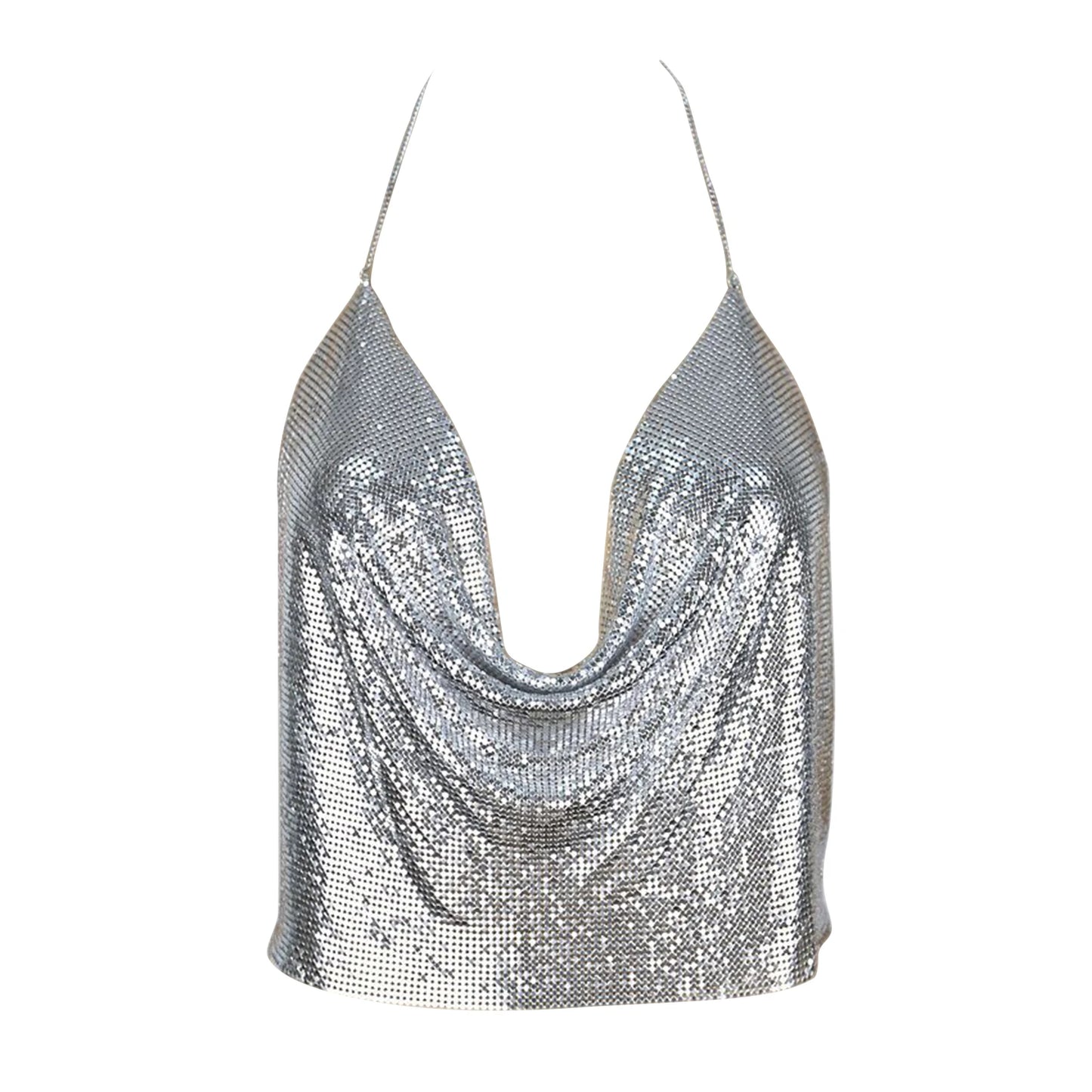 ClubWear Camis for Female Streetwear Y2k Women's Crop Top Sling Metal Sequins Backless Blouse Cushion Belt Adjustable Halter Top