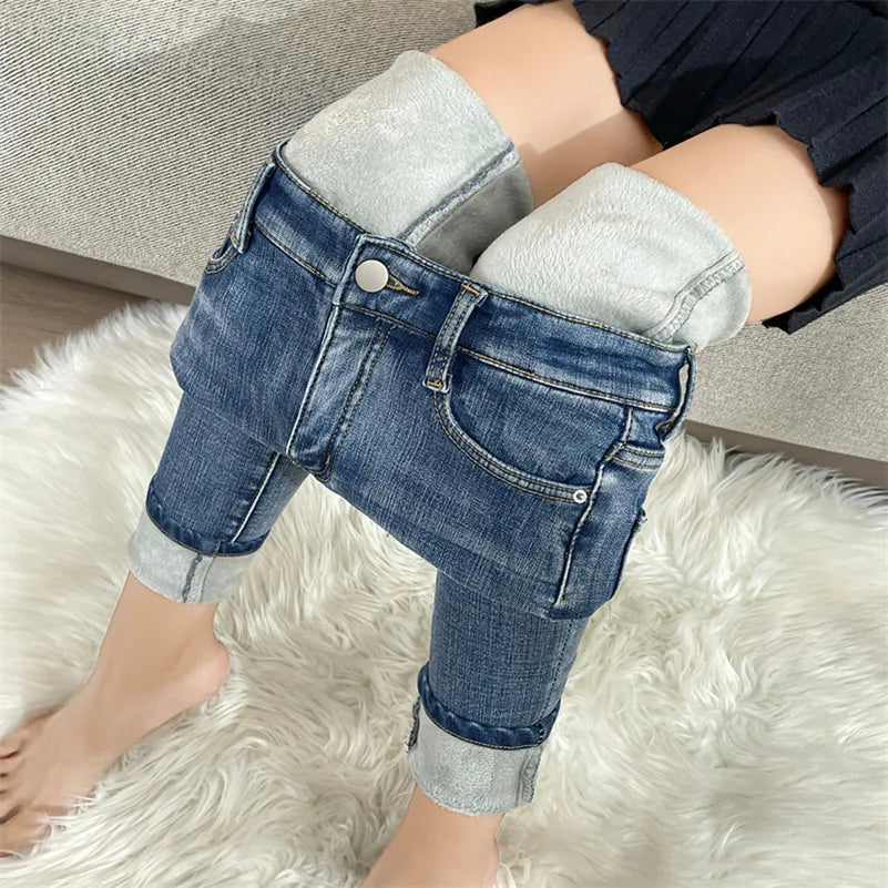 Women Winter Thermal Jeans Snow Warm Stretchy Skinny Vintage Jeans Lady Denim Pencil Pants Casual Daily High Waist Trousers