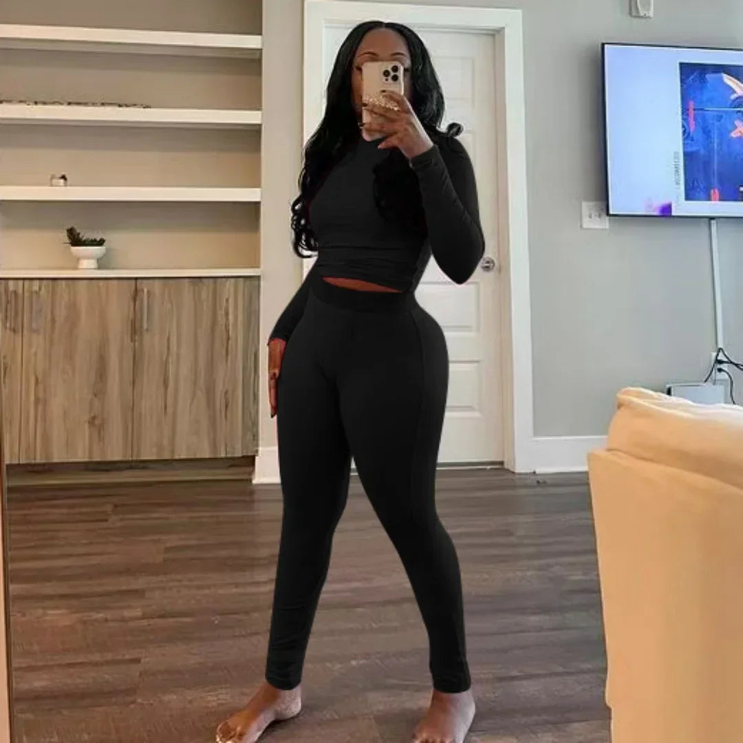 FAGADOER Autumn Winter New Ribbing 2 Piece Sets Women Outfit Solid Long Sleeve Crop Top + High Waist Leggings Suits Sportswear