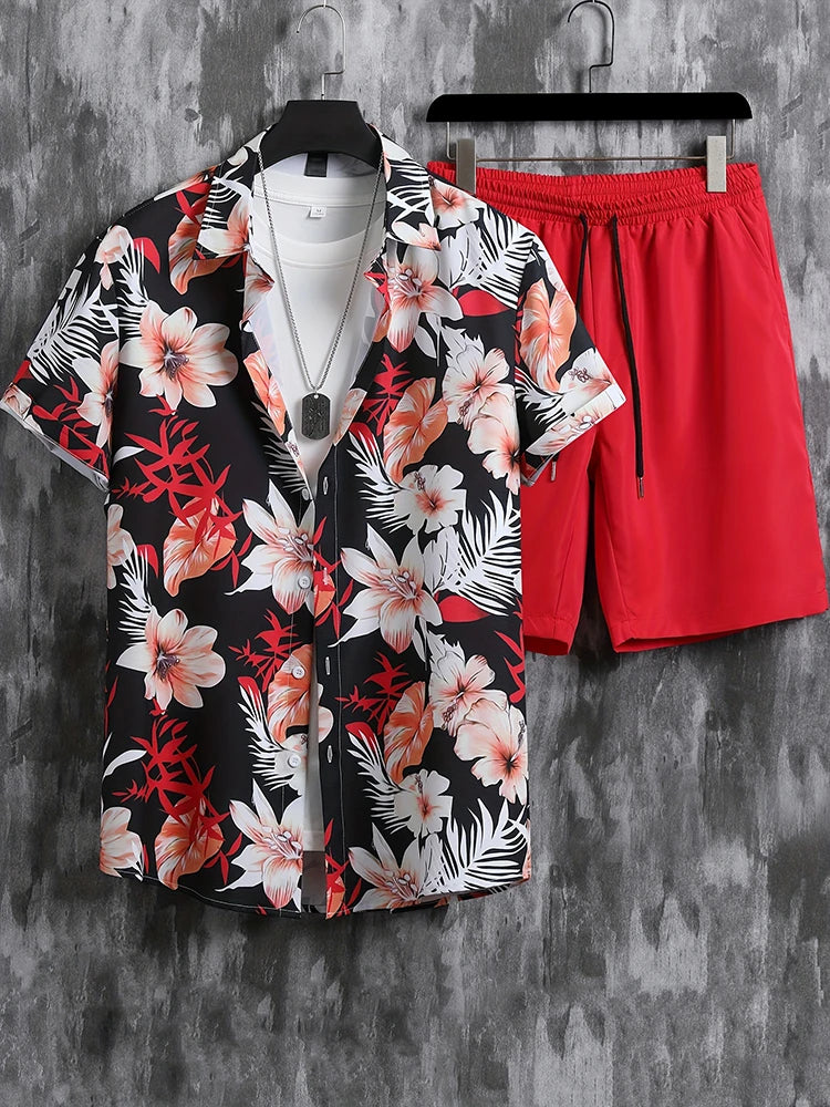 Hawaiian Coconut Tree Print Men's Shirt Summer Short Sleeve Tops Beach Shorts 2 Piece Sets Casual Vacation Style Outfit Clothing