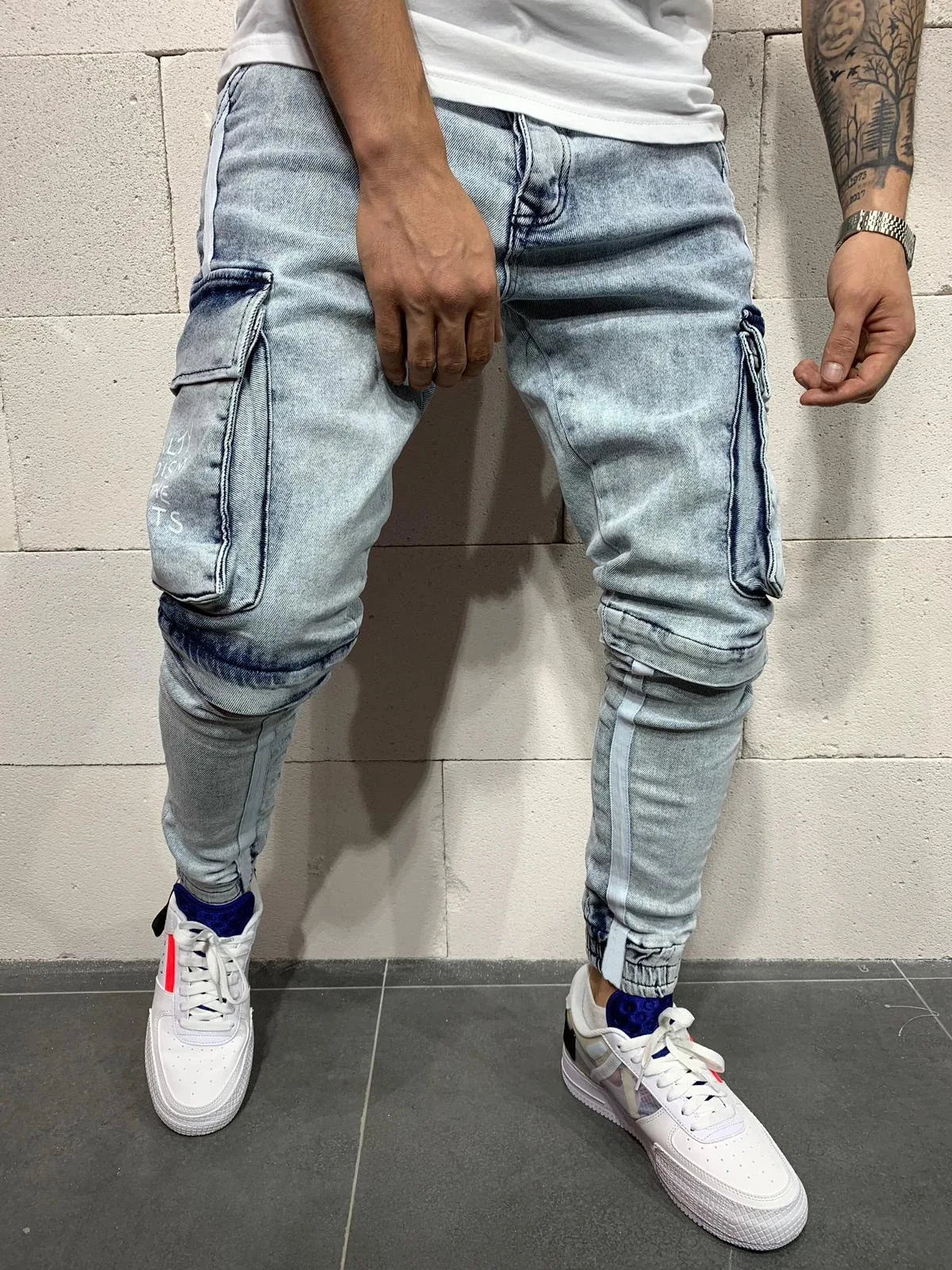 Men Jeans Denim Ankle Length Pencil Pants Mid Waist Holes Sheath Pockets Slim High Street Patchwork Slight Strech Washing