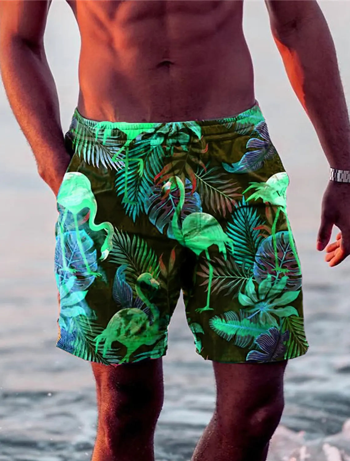 New Men's Shorts Swim Trunks Drawstring Leaf Flamingo Graphics Quick Dry Short Casual Holiday Hawaiian Micro-elastic