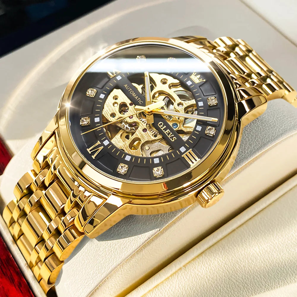 OLEVS Skeleton Watch Men Waterproof Luminous Casual Automatic Mechanical Watche Sports Men Black Steel Wristwatch Reloj Hombre