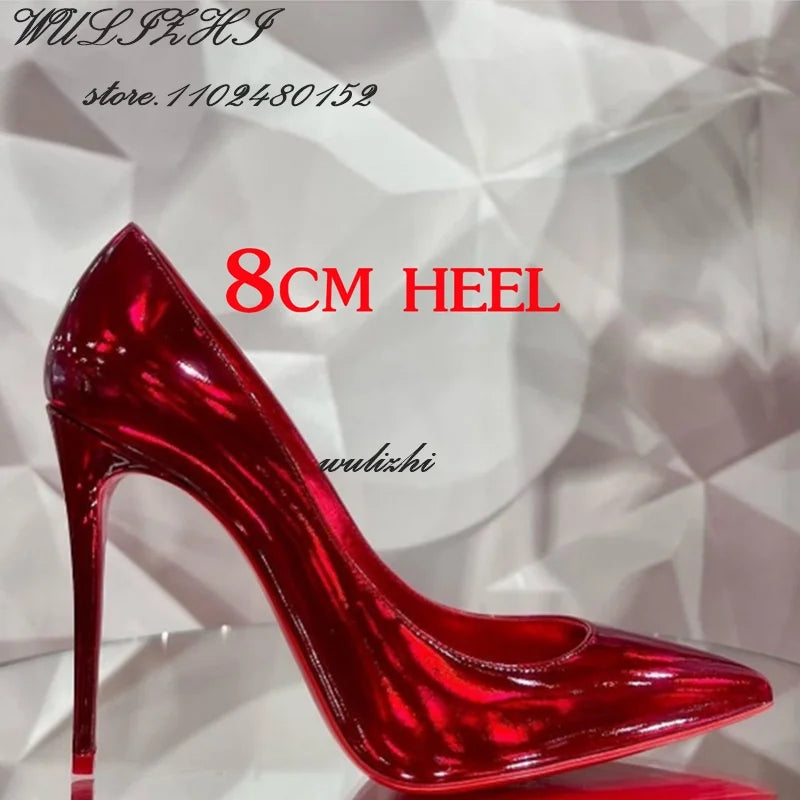 Red Shiny Mirror Sexy Heels Girl Dress Hollow Pointed Toe Sandal Spring Bling Catwalk Metallic Glitter Pump Concise Shallow Shoe