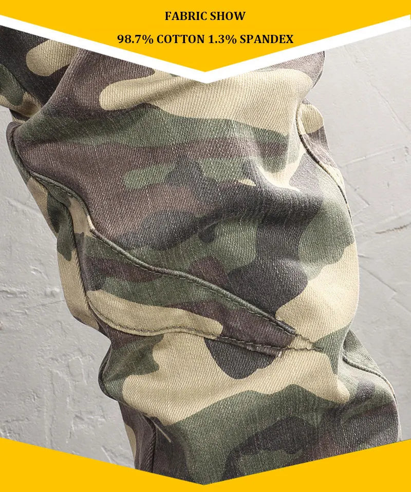 Fashion Vintage Men Jeans Camo Trousers Elastic Slim Fit Hip Hop Jeans Men Spliced Designer Casual Denim Pants