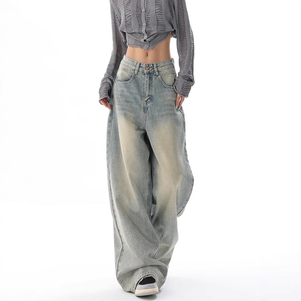 Personality Street Vintage Light Blue Wide-leg Jeans, Spring and Summer New Fashion Casual Loose Floor Length Jeans for Women