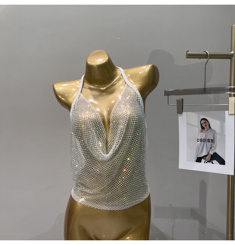Women's Summer 2023 Sexy Rhinestone Solid Color Camisole Tie Backless Bandage Corset Top Fashion Peplum